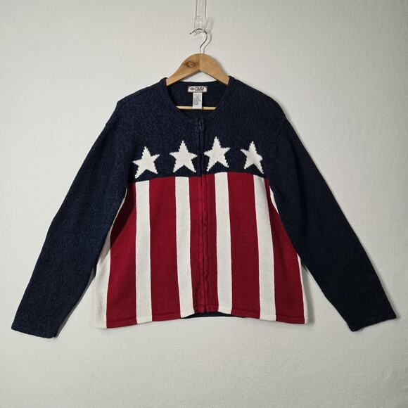 VTG Tiara International Cardigan Sweater sz L Red White Blue Zip Front Patriotic - Picture 13 of 13